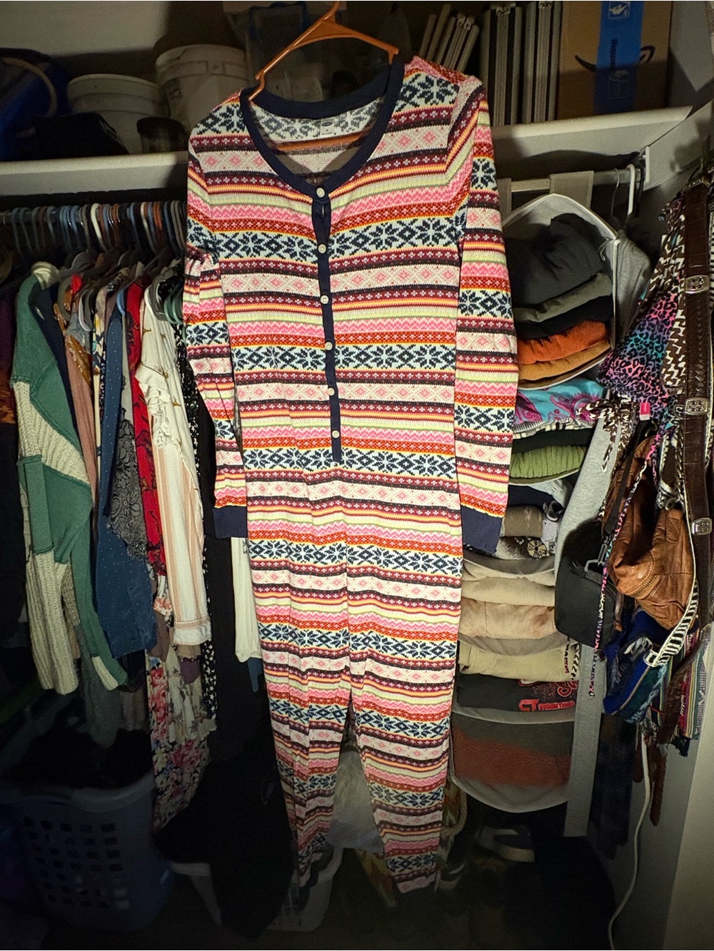Striped Fair Isle One-Piece Pajama Jumpsuit - Navy Trim